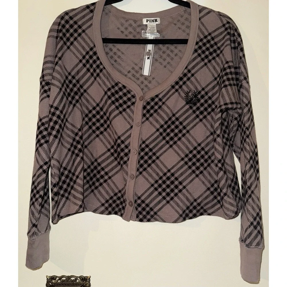 Victoria's Secret PINK Oversized Thermal Cropped Cardigan Top Plaid Brown XS NEW